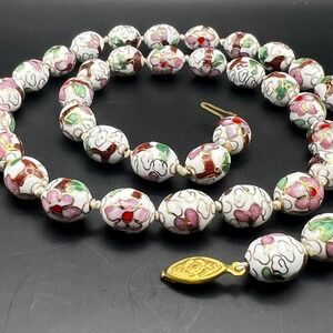 Vintage White‎ Enamel Chinese Floral Cloisonné Beaded Necklace Oval Beads